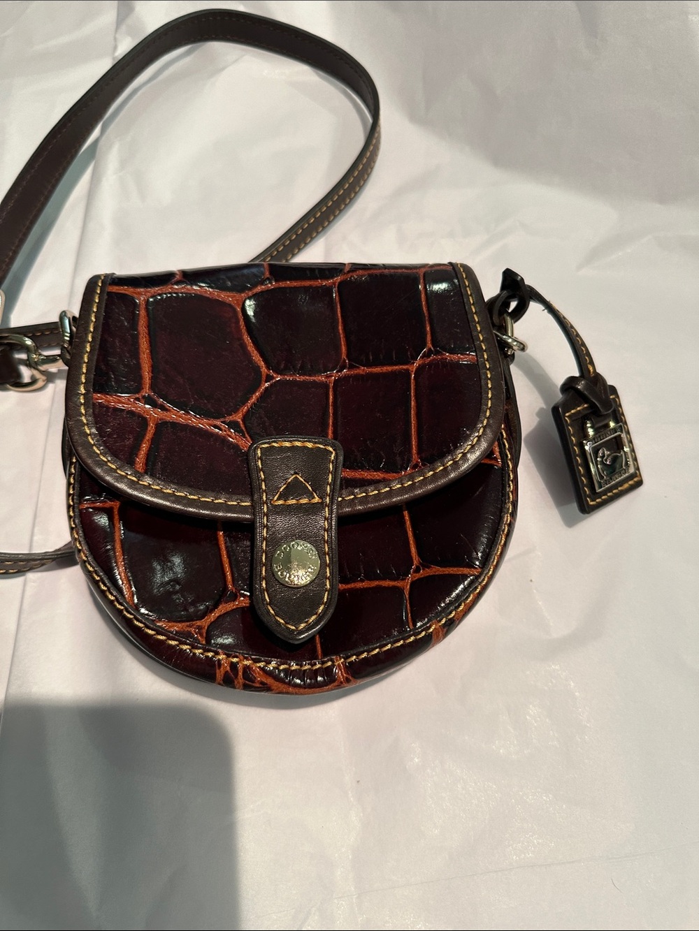 Vintage Dooney & Bourke small embossed crossbody, brown leather